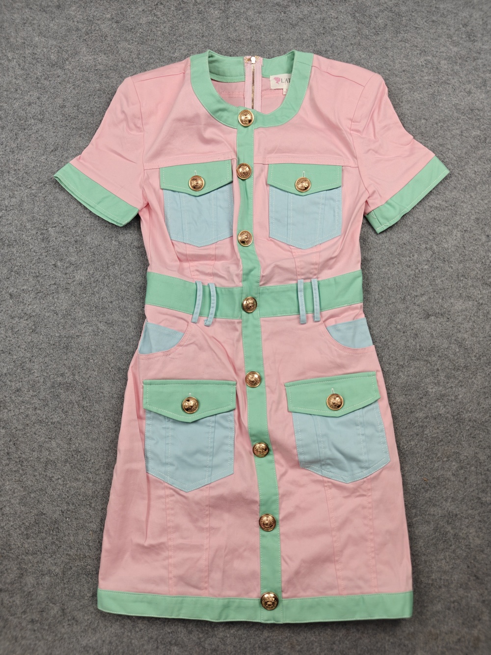 L'ATISTE Dress Womens Medium Pink Colorblock Shirt Dress Short Pockets